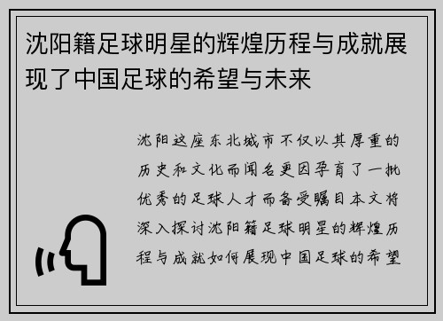沈阳籍足球明星的辉煌历程与成就展现了中国足球的希望与未来