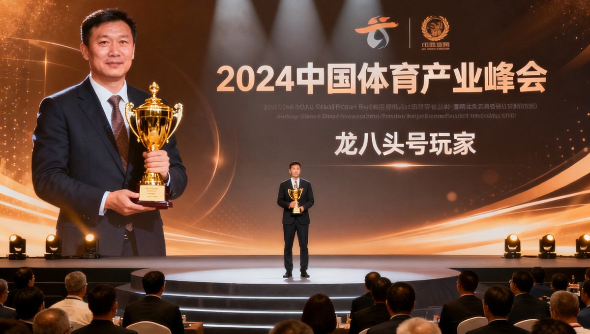 龙八头号玩家代表在2024年中国体育产业峰会上台领奖，舞台上金色奖杯在灯光下闪闪发光，台下坐满了行业嘉宾