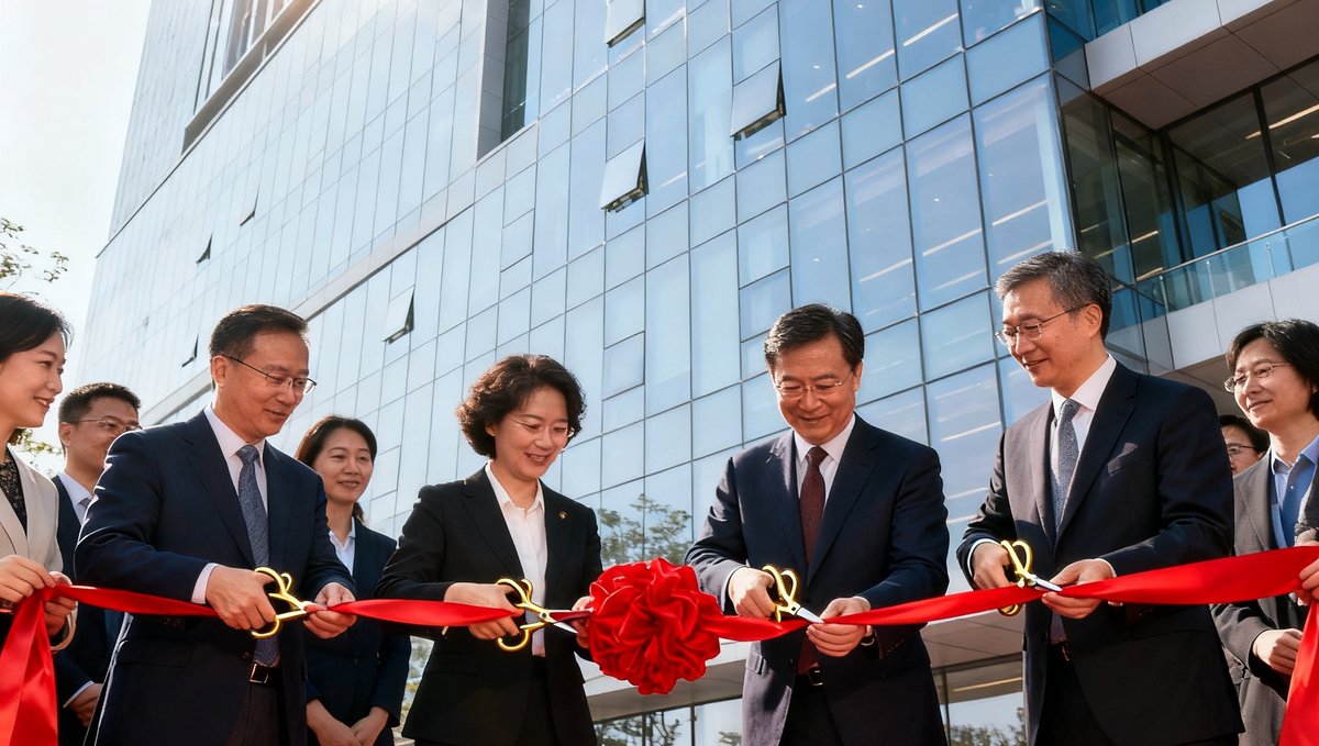 龙八头号玩家上海分公司开业仪式，公司高管与嘉宾共同剪彩，背景是现代化的办公大楼外立面