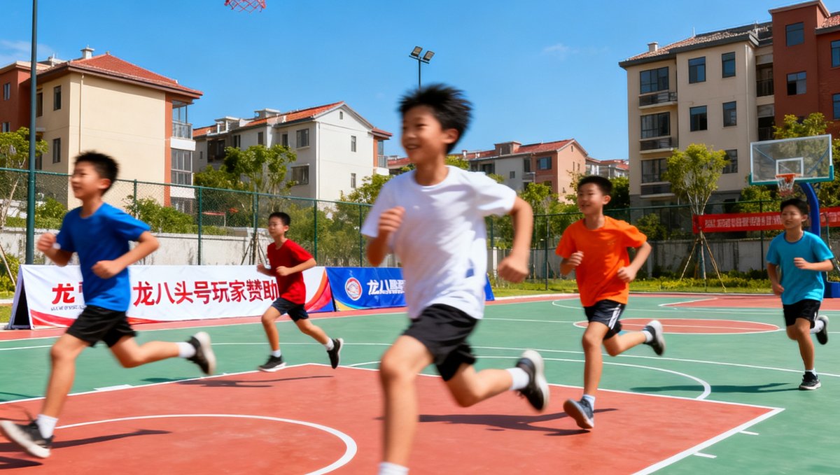 龙八头号玩家赞助的青少年公益篮球赛现场，孩子们在新建的球场上快乐奔跑，背景是蓝天和社区建筑