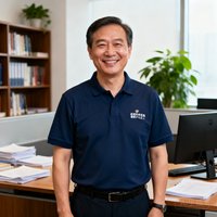 一位身穿深蓝色polo衫的中年男性客户代表，面带微笑，背景是办公室环境，他是某省级体育局赛事负责人